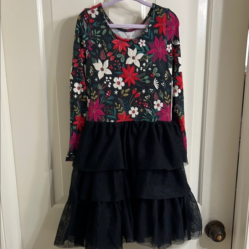 Little Sleepies Poinsettia Black Ruffled Tiered Long Sleeve Dress